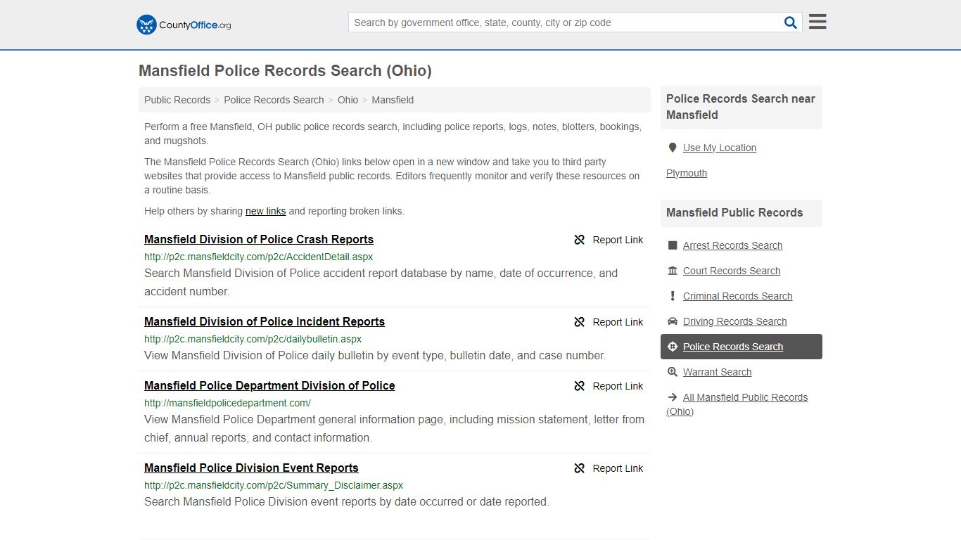 Mansfield Police Records Search (Ohio) - County Office